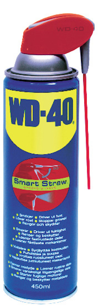 Sprayburk med blå etikett, gul WD-40-logotyp och röd spraymunstycke. Text och instruktioner syns på etiketten.
