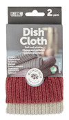 Förpackning med två diskdukar i grå och burgundy, märkta "Dish Cloth" med text på flera språk.