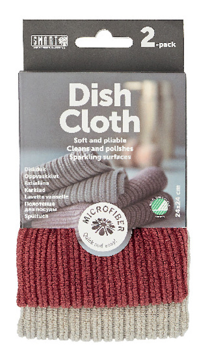 Förpackning med två diskdukar i grå och burgundy, märkta "Dish Cloth" med text på flera språk.