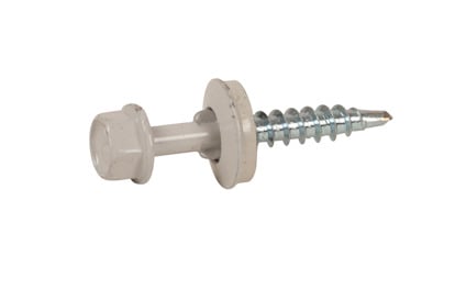 Vit skruv med sexkantshuvud, bricka och borrspets.