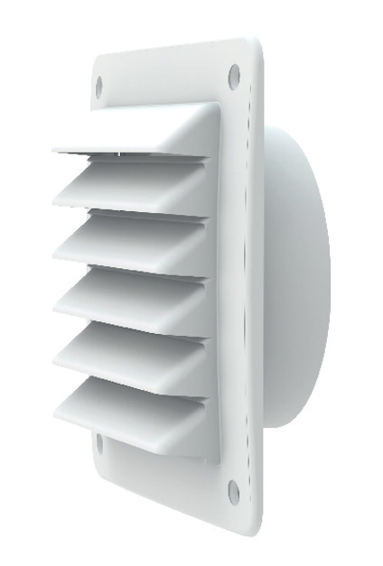 Vit ventilationstrumma med lameller och rund bakkant, fästplatta med fyra hål för montering.