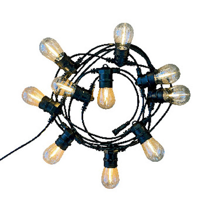 Svart kabelslinga med klara glödlampor arrangerade i en cirkel.