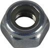 Sexkantig låsmutter med metallisk yta och gängat hål, sett ovanifrån.