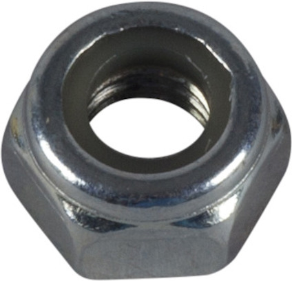 Sexkantig låsmutter med metallisk yta och gängat hål, sett ovanifrån.