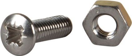Maskinskruv med kullerförsänkt huvud och sexkantmutter, rostfritt metallmaterial.