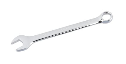 Kromad ringnyckel med öppen och sluten ända, placerad på vit bakgrund.