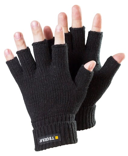 Svarta fingerlösa textilhandskar, märkta med "TEGERA", ses på händer i en neutral position.