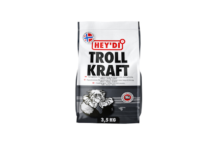Förpackning med texten "Hey'di Troll Kraft" och illustration av en trollfigur.