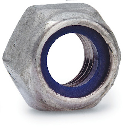 Sexkantig låsmutter med blå nylonring inuti för att förhindra rörelse.