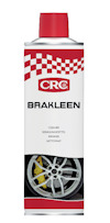 Aerosolburk med röd kork, etikett med röda rutor, CRC-logotyp och texten "BRAKLEEN". Bild av bilhjul nederst.