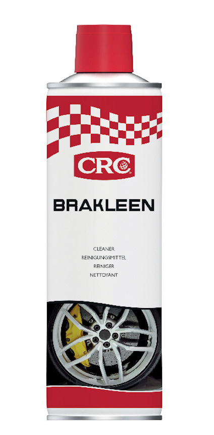 Aerosolburk med röd kork, etikett med röda rutor, CRC-logotyp och texten "BRAKLEEN". Bild av bilhjul nederst.