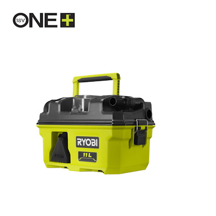 Grön och svart bärbar våt- och torrdammsugare med RYOBI-logotyp och handtag. 18V ONE+ märkning i övre vänstra hörnet.
