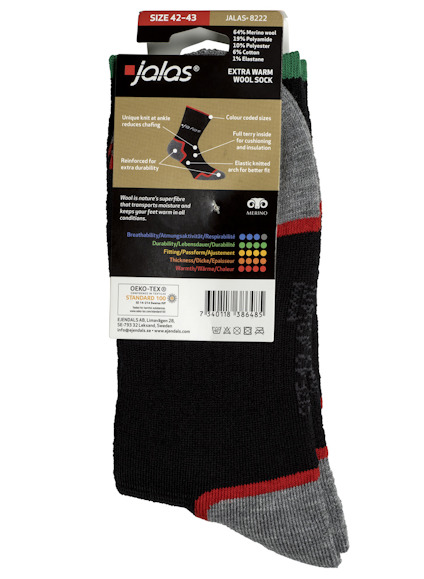 Svart och grå strumpa av märket Jalas, storlek 42-43, med etikett som visar material och skötselråd.