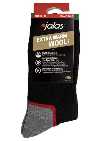 Svart Jalas extra varm ullsocka, storlek 42-43, med grå och röda detaljer, förpackad i kartong.