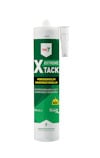 Konstruktionslim X-Tack7 vit tub med gröna och vita etiketter, text och logotyp synliga.