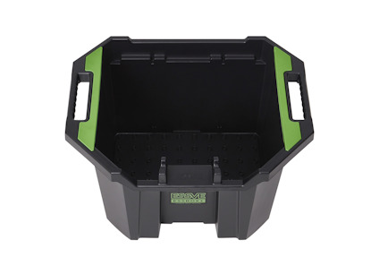 Svart och grönt förvaringskärl med bärhandtag, sedda uppifrån.