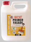 Vit plastbehållare märkt "HEY'DI PRIMER FASADE" med rött lock och handtag.