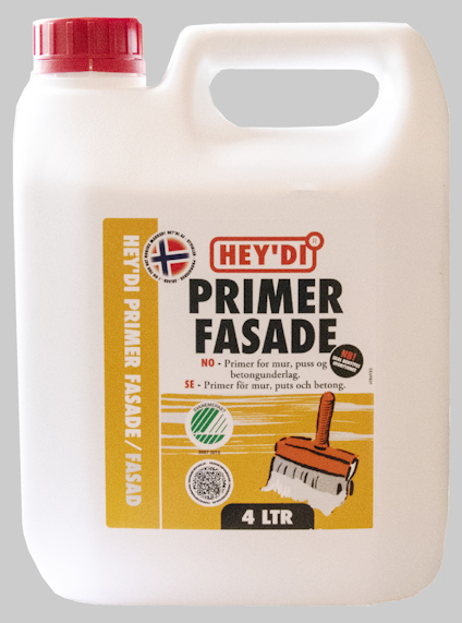 Vit plastbehållare märkt "HEY'DI PRIMER FASADE" med rött lock och handtag.