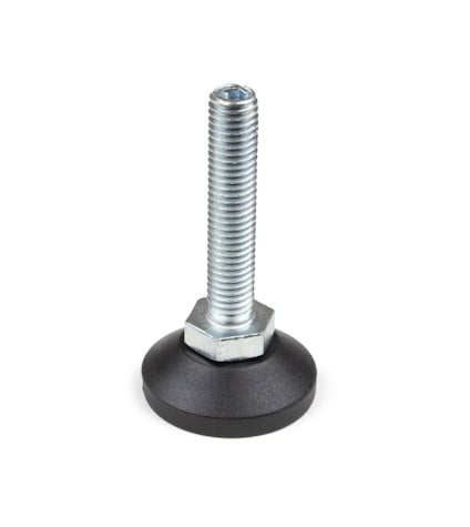 Ställfot med gängad metallskaft och rund bas av plast, fotograferad mot vit bakgrund.