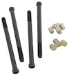 Fyra svarta metallstänger med gängor vid ändarna och två mindre metallkomponenter med vinklade delar.