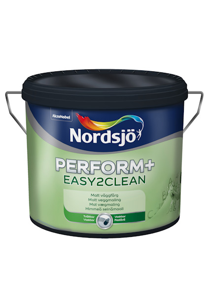 Grön färgburk från Nordsjö med texten "PERFORM+ EASY2CLEAN" och Nordsjös logotyp.