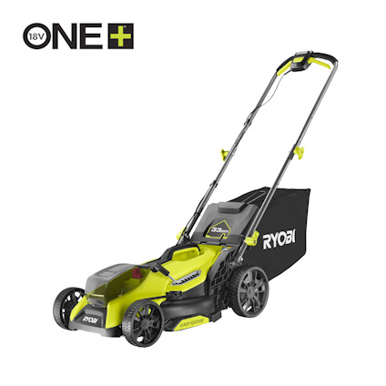 Grön batteridriven gräsklippare märkt "Ryobi" med svart handtag och hjul samt klippbehållare i svart.