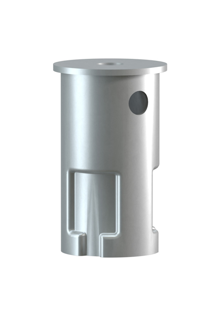 Cylindrisk metallkomponent med hål och detaljrik yta.