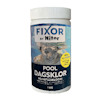 Vit plastbehållare märkt "FIXOR by Nitor POOL DAGSKLOR" med bild av en simmande person och blå detaljer.