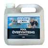 Klar plastbehållare med etiketten "FIXOR by Nitor Pool Övervintring Övervintring" och bild på två simmande personer.