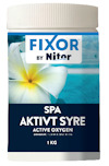 Förpackning med texten "Fixor by Nitor SPA Aktivt Syre Active Oxygen 1 KG" och bild av en vit blomma mot blå bakgrund.