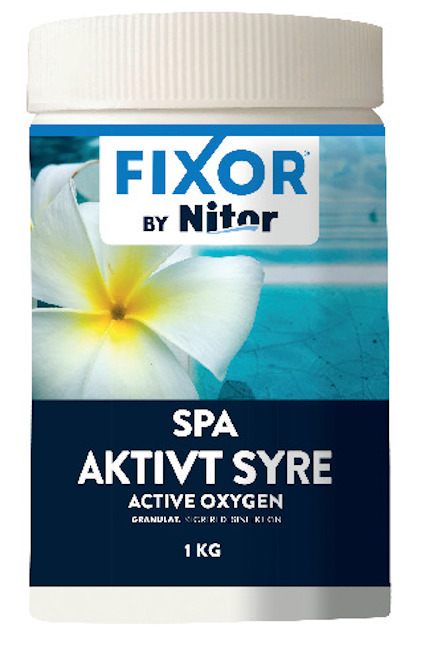 Förpackning med texten "Fixor by Nitor SPA Aktivt Syre Active Oxygen 1 KG" och bild av en vit blomma mot blå bakgrund.