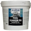 Vit hink med etikettext: "FIXOR by Nitor Pool Sänker pH". Text på flera språk och en illustration av en kvinna i vatten.