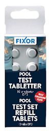Förpackning med FIXOR pooltesttabletter, 10 tabletter DPD för klor-test.