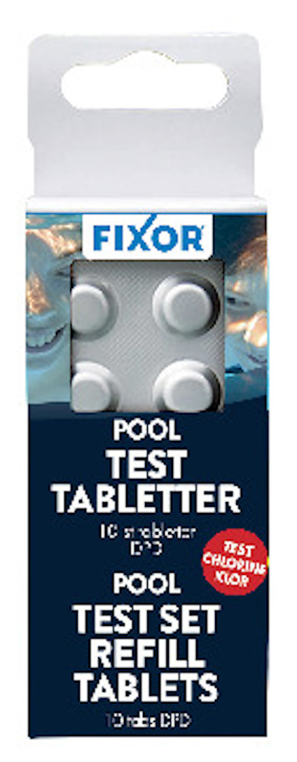 Förpackning med FIXOR pooltesttabletter, 10 tabletter DPD för klor-test.