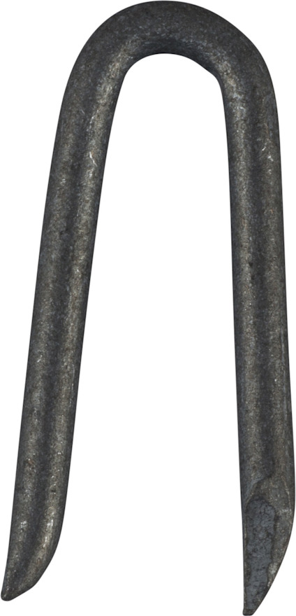 Grå, U-formad metallklammer med spetsiga ändar på en grå bakgrund.