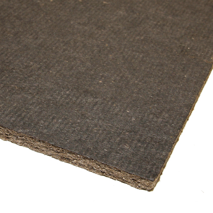 En närbild av en mörk, rektangulär byggskiva med grov textur av träfiber.