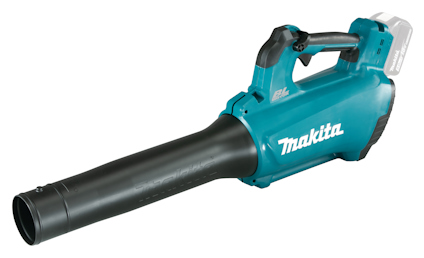 Blå och svart lövblåsare med text "makita" på sidan och batteri monterat ovanpå.