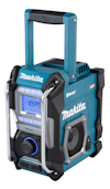 Bärbar Makita-radio i blått med handtag, högtalare och digital display framtill.