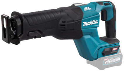 Tigersåg från Makita, svart och turkos design, med synlig del av batterifacket och logotyp.