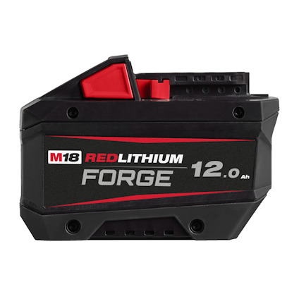 Svart och rött batteri med texten "M18 REDLITHIUM FORGE 12.0 Ah" på sidan.