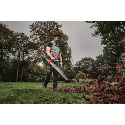 Person med röd och svart lövblåsare blåser bort löv på gräsmatta, omgiven av träd och grå himmel.