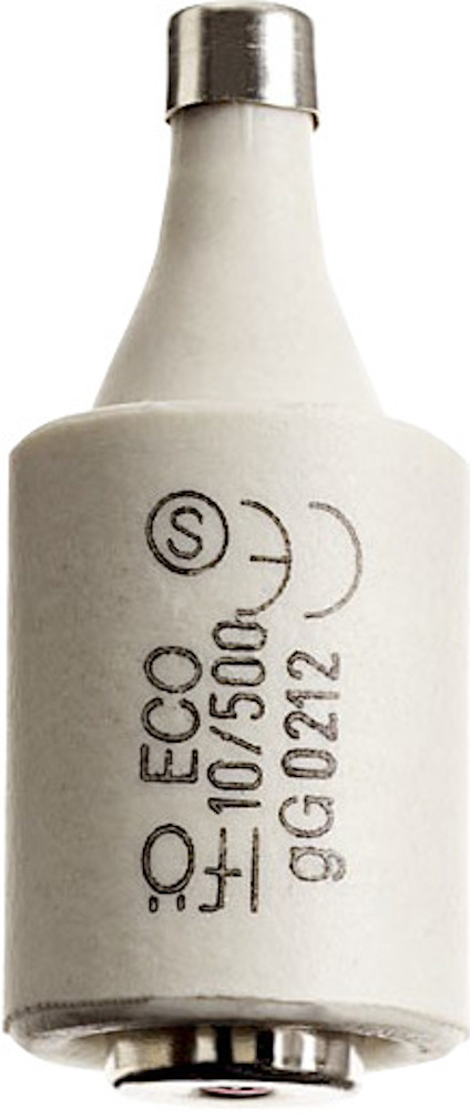 Vit cylindrisk säkring med metalländar och tryckt text: "ECO", "10/500" och andra symboler.