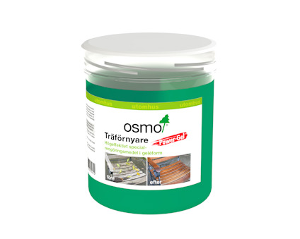 Transparent burk med etikett "Osmo Träförnyare PowerGel". Bild visar trä före och efter behandling.