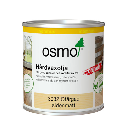 Hårdvaxolja från Osmo i en metallburk med etikett, text: "Osmo Hårdvaxolja Originalet 3032 Ofärgad sidenmatt".