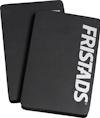 Svarta knäskydd med vit text "FRISTADS", rektangulär form, två stycken staplade.