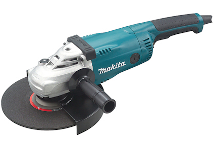 Vinkelslip från Makita i blått och svart med ett stort skivblad och en främre handtag.