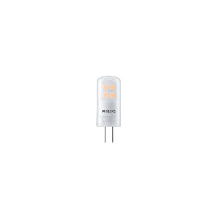 LED-lampa med två stift och en genomskinlig kapsel med varma, lysande dioder inuti.