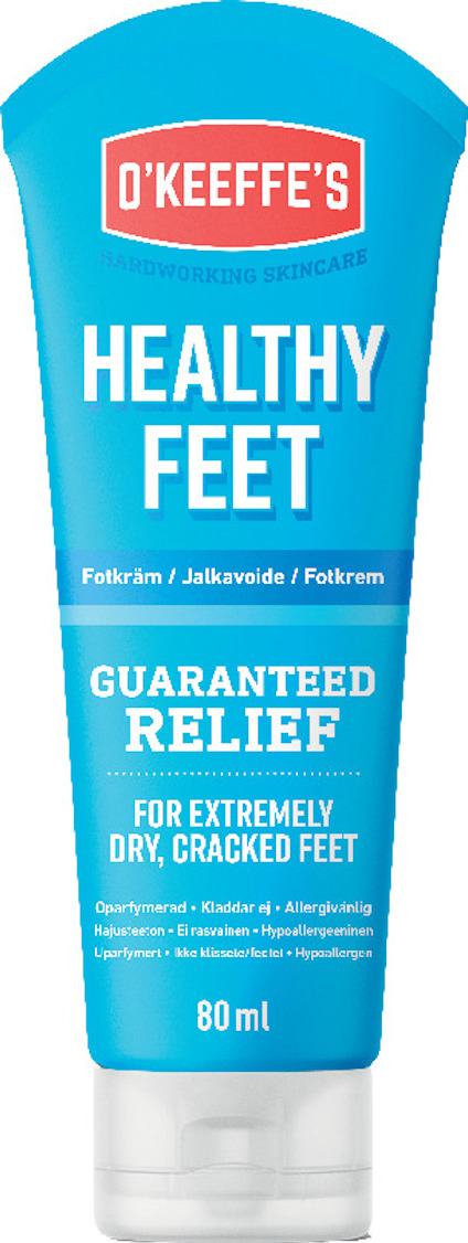 O’Keeffe’s Healthy Feet fotkräm, blå tub med vit text och produktinformation. Volym: 80 ml.