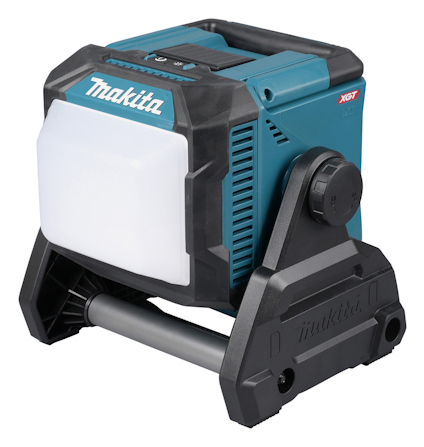 Arbetsbelysning från Makita med svart och blå design, bärhandtag och justerbart stativ.