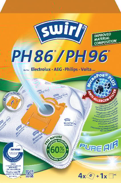 Förpackning för Swirl dammsugarpåsar PH86/PH96 med text om materialkomposition och allergenfilter.